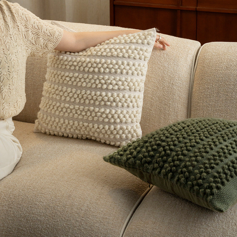 Square structure decorative cushion with handcrafted bobble tufting