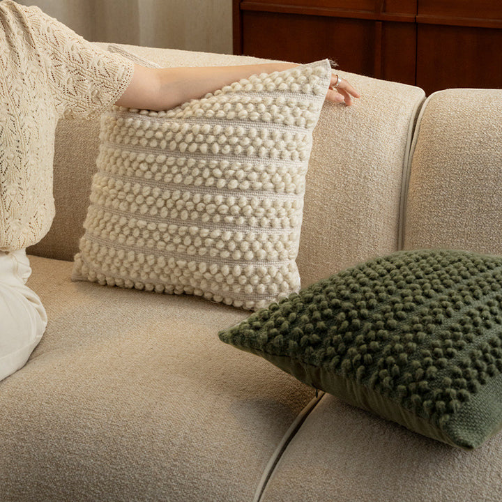 Square structure decorative cushion with handcrafted bobble tufting