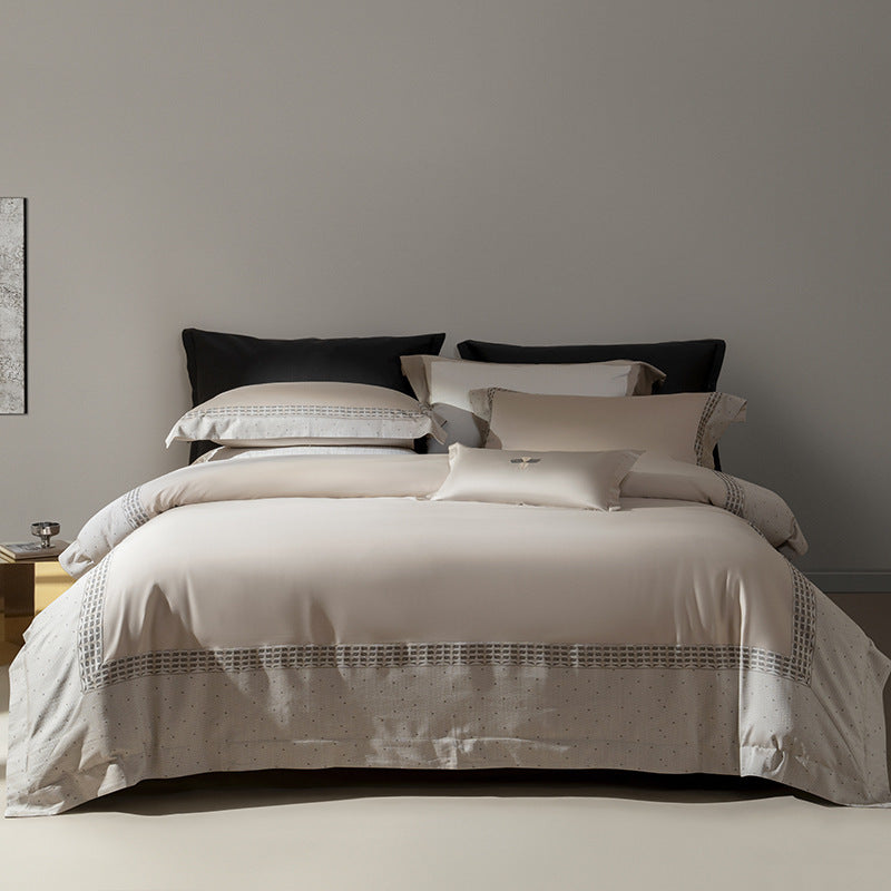 Hotel-Grade Sateen Duvet Cover Ensemble with Micro-Embroidered Lattice Border and Euro Shams