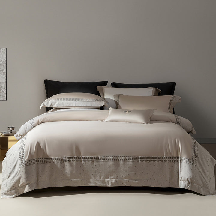 Hotel-Grade Sateen Duvet Cover Ensemble with Micro-Embroidered Lattice Border and Euro Shams