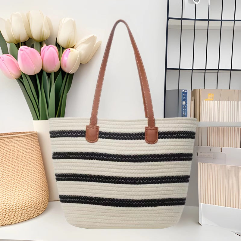 Fashion shopping bag with textured wicker design and leather handles Stornfield