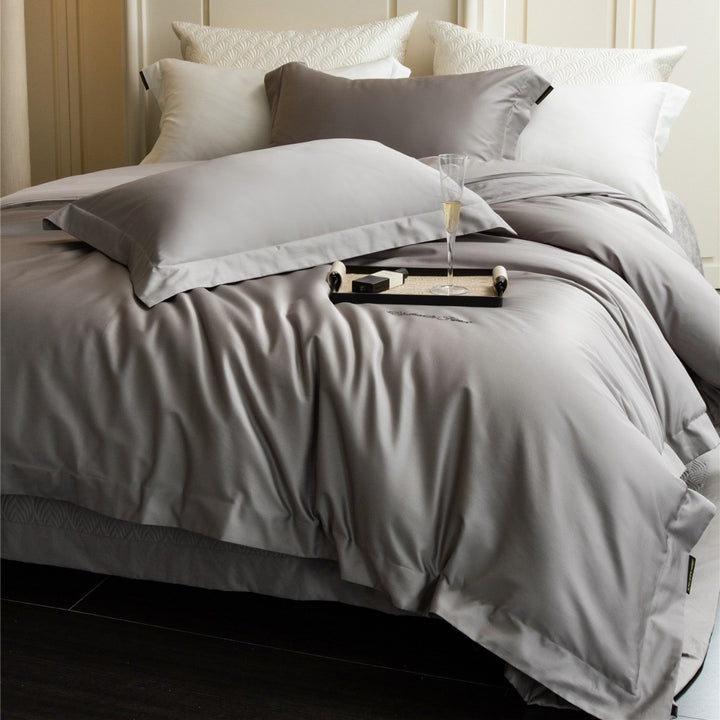 Luxury Cotton Sateen Duvet Cover Set with Embroidered Monogram and Deep-Pocket Pillow Shams