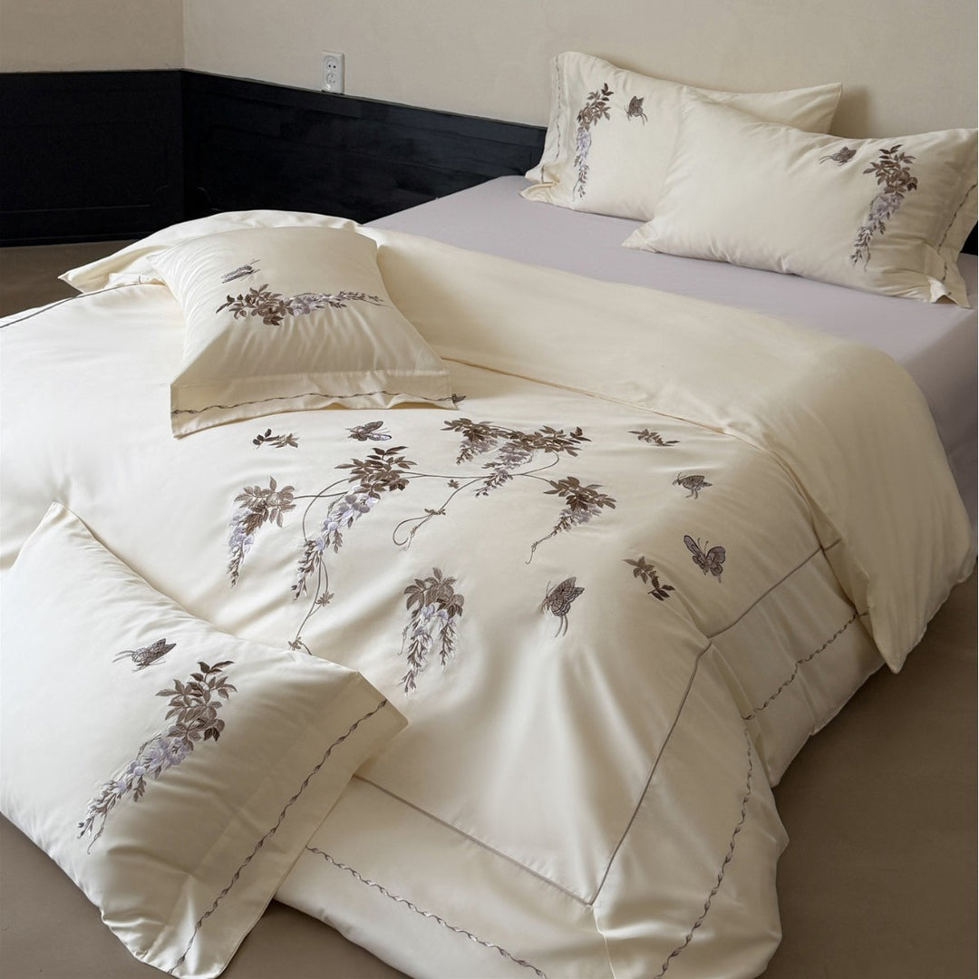 Embroidered Wisteria and Butterfly Cotton Sateen Duvet Cover Set with Piped Edge