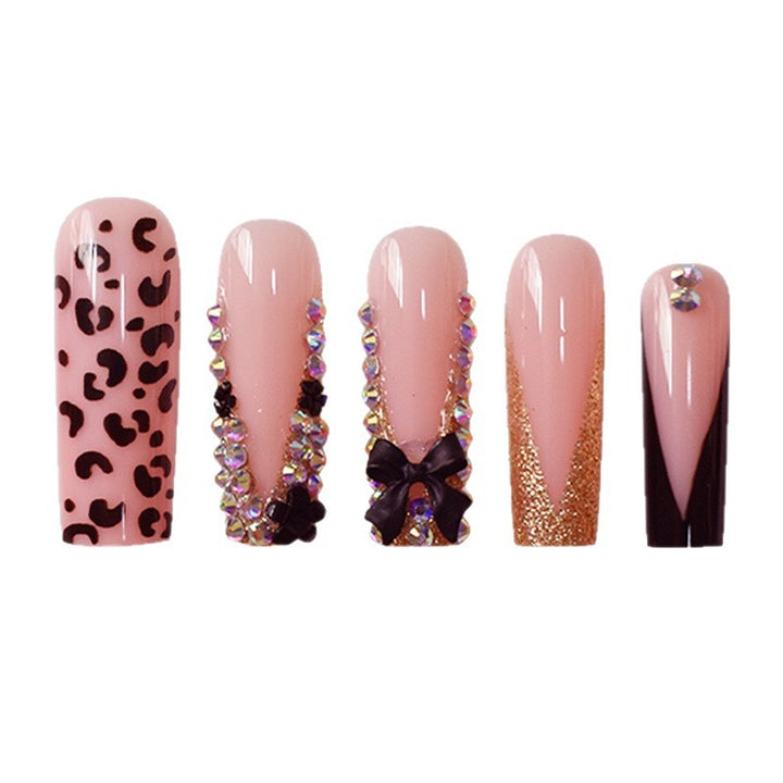 Glamorous Press-On Nail Art Set with Rhinestone and Leopard Accents Stornfield