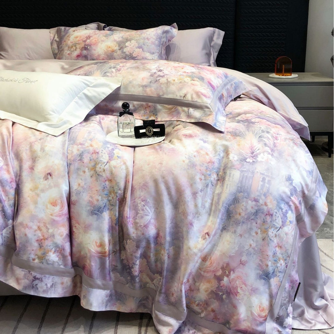 Satin-Feel Watercolor Floral Duvet Cover Set with Pillow Shams