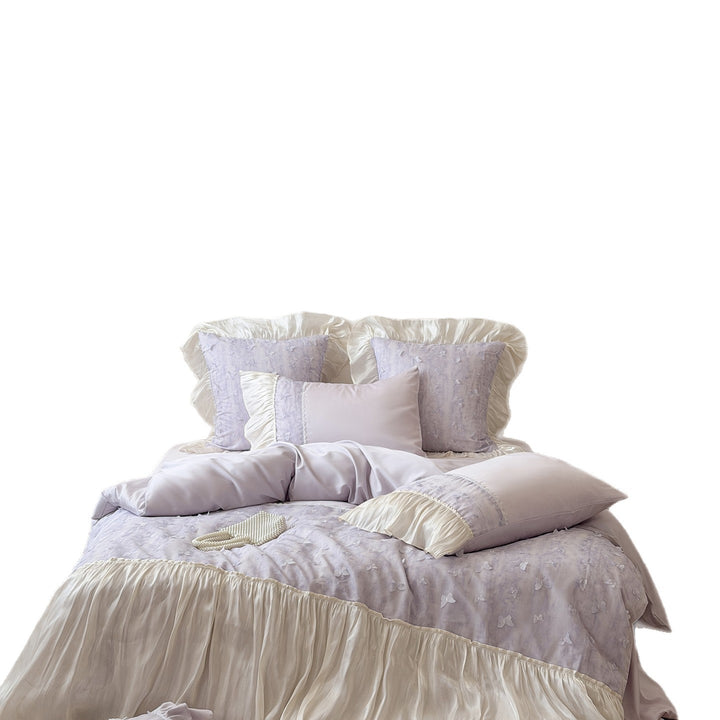 Romantic bedding set with ruffles, gathered bed skirt and 3D flower appliques