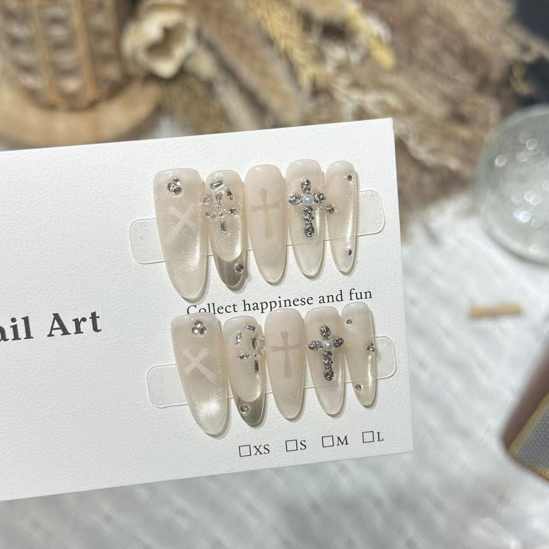 Elegant Decorative Press-On Nail Set with Rhinestone Cross Accents Stornfield