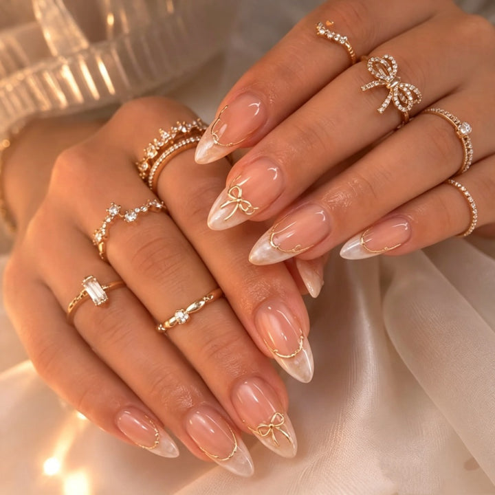 Artificial nails with Elegant French Design and Golden Decorations Stornfield