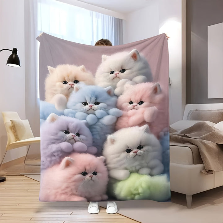 Fleece Blanket Featuring Illustrated Kittens