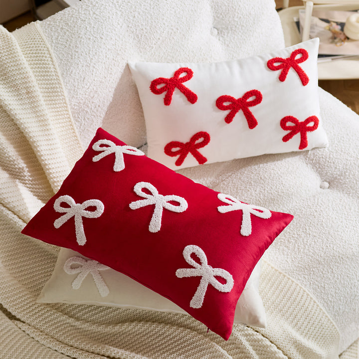 Embroidered Bouclé Bow Velvet Square Throw Pillow Cover
