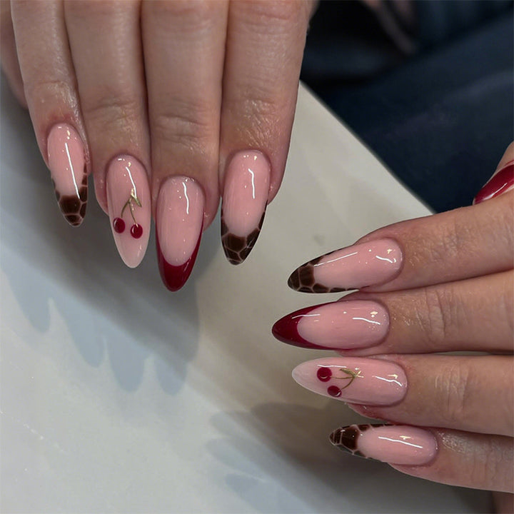 Artificial nail set with fruity cherry design and elegant gradient color Stornfield