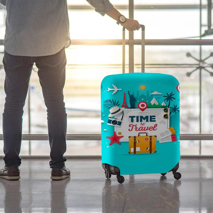 Unisex nan elastic motive suitcase protection in retro travel poster design with zipper and anti-slip attachment for spinner trolleys Stornfield