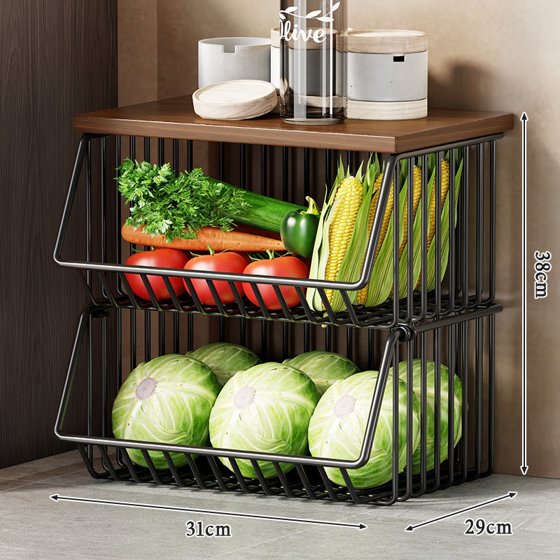 Slim Vertical Multi-Tier Fruit and Vegetable Storage Cart with Wood Top and Locking Casters