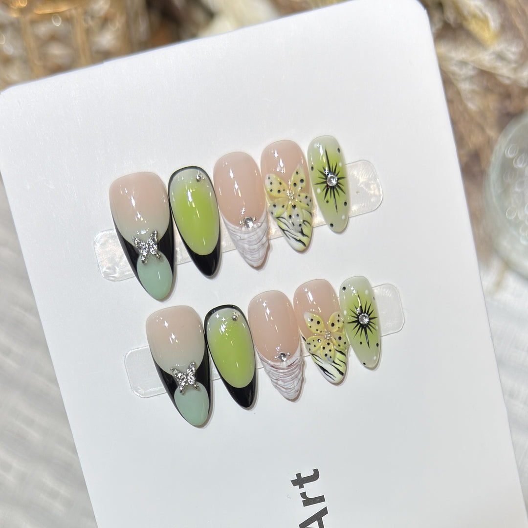 Artistic Press-On Nail Set with Butterfly and Floral Designs Stornfield