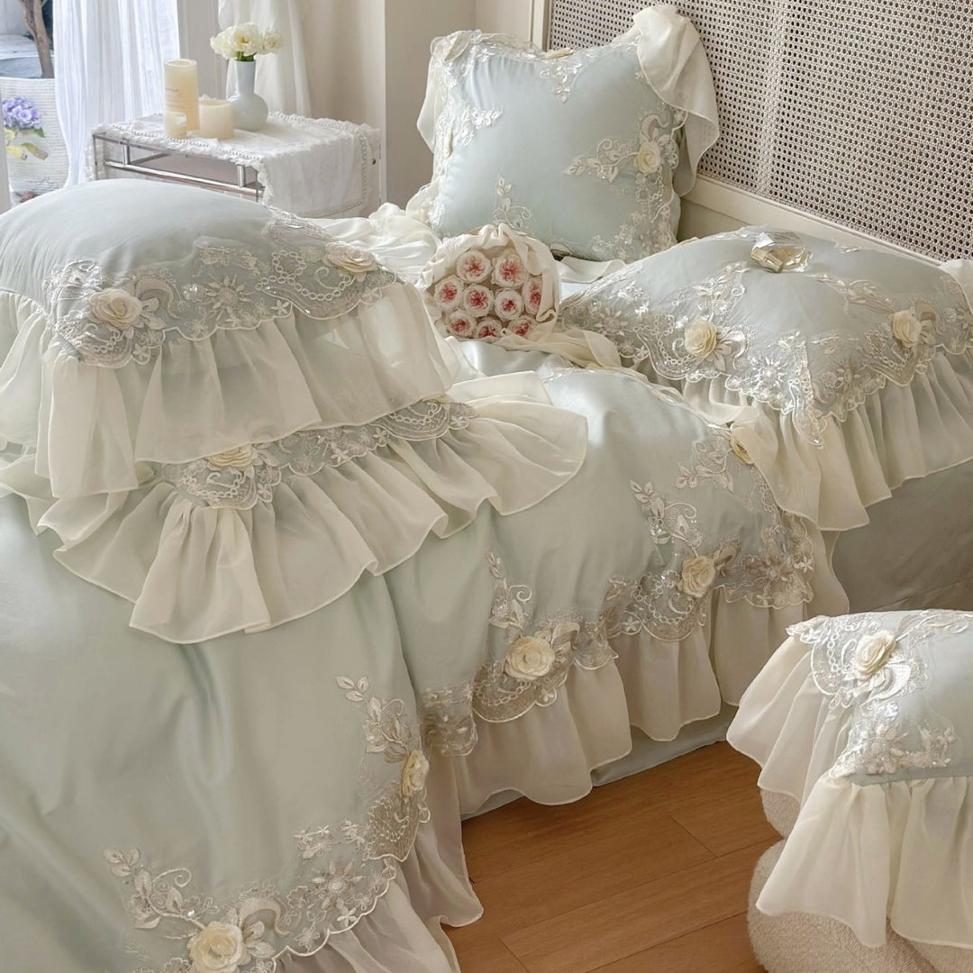 Luxurious embroidered bedding set with ruffles and lace