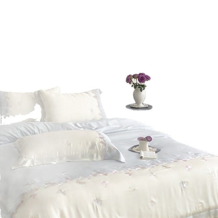 Embroidered Satin-Feel Duvet Cover Ensemble with Reversible Flat Sheet & Pillow Shams