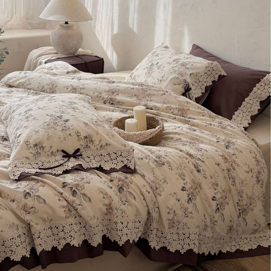 Cottage Floral Cotton-Linen Blend Duvet Cover Set with Crochet Lace Hem and Bow-Tie Pillow Shams