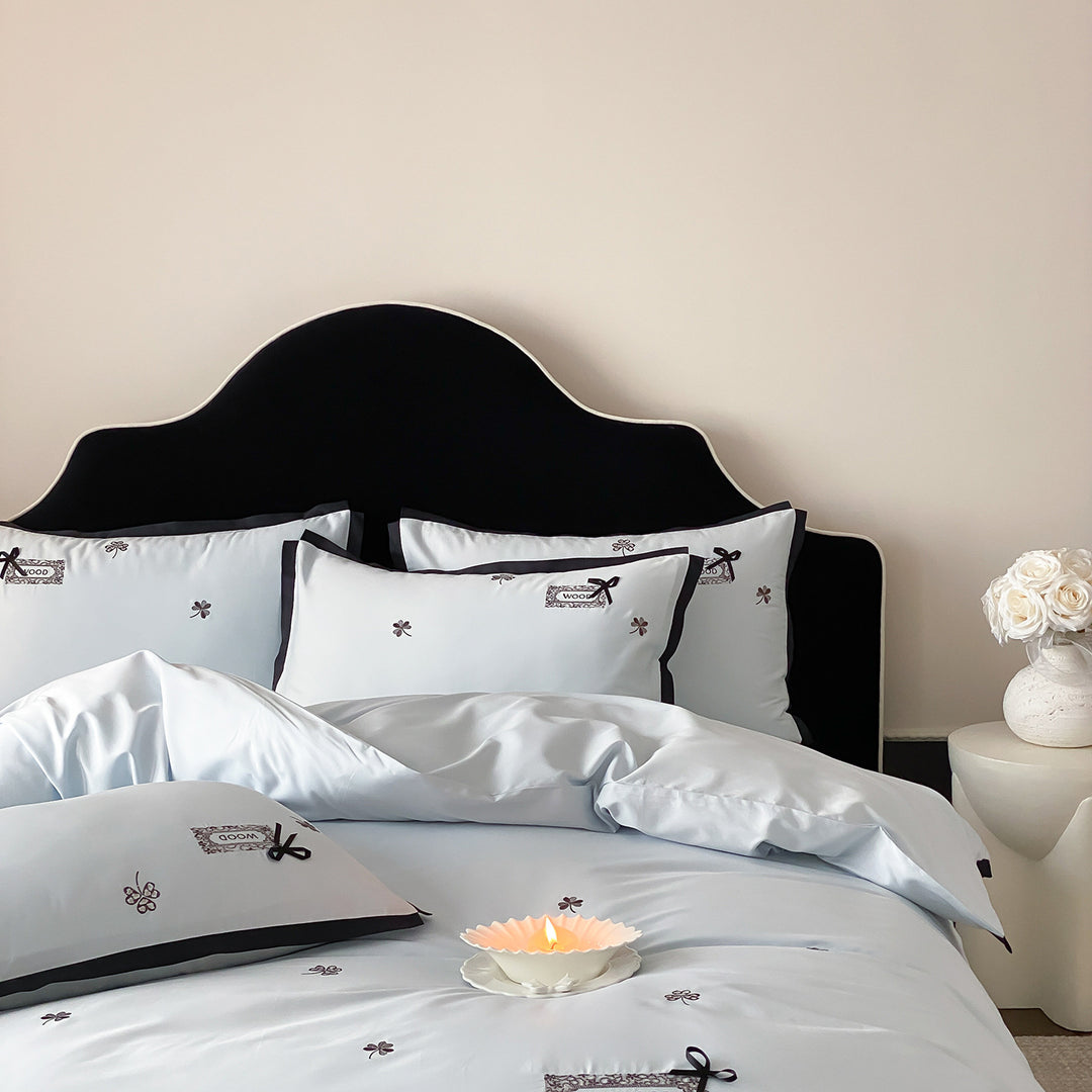 Embroidered Cotton Sateen Duvet Cover Set with Contrast Piped Edge and Ribbon Appliqué