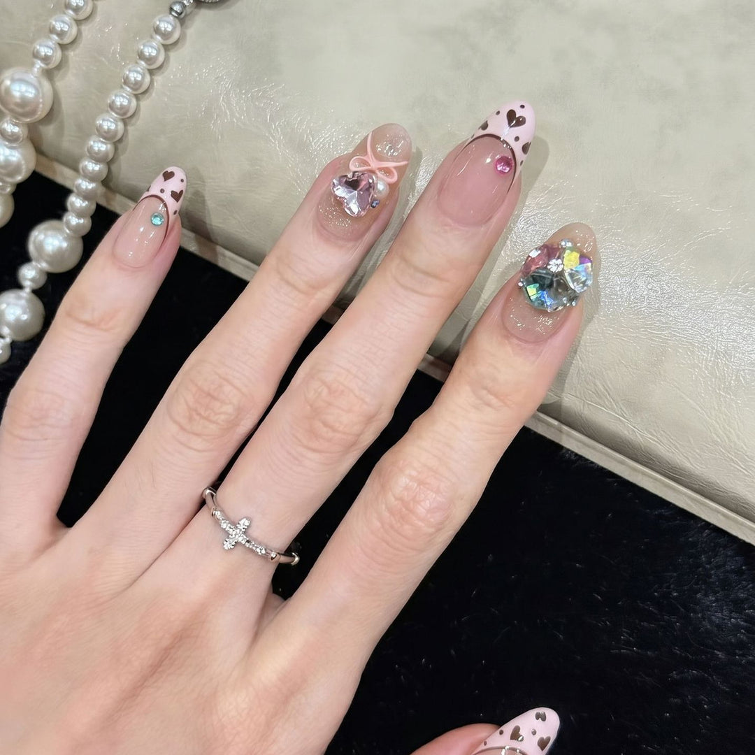 Decorative Press-On Nail Art Set with Heart and Gem Accents Stornfield