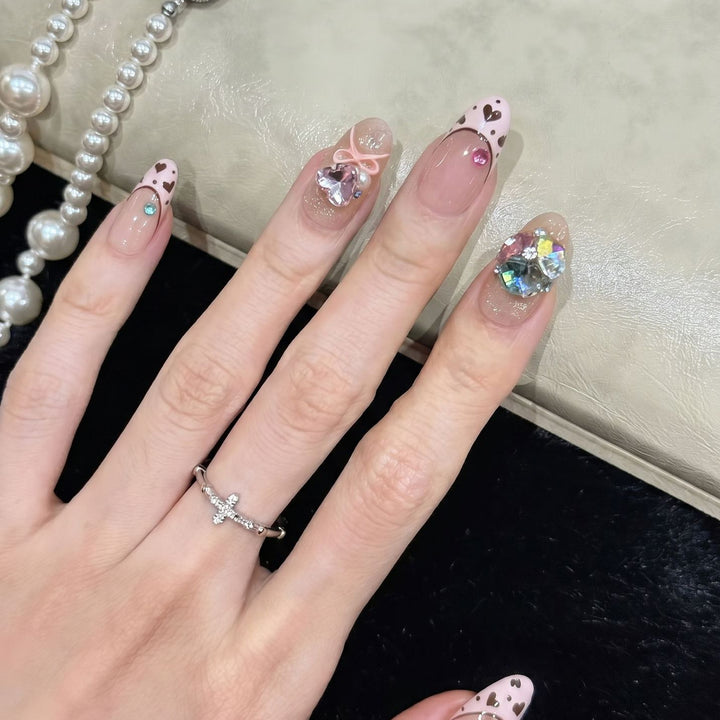 Decorative Press-On Nail Art Set with Heart and Gem Accents Stornfield