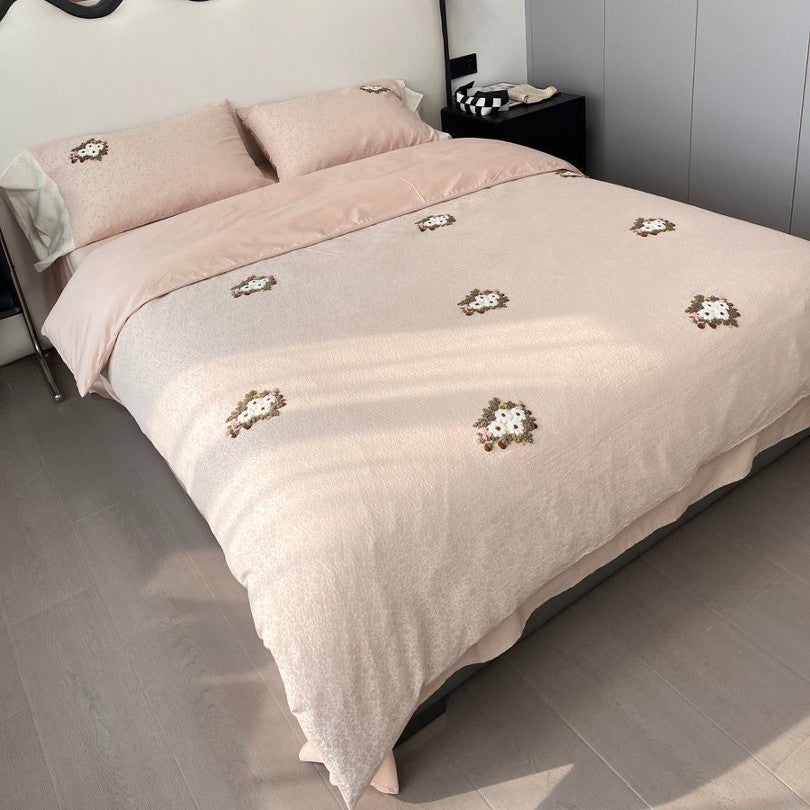 Embroidered Floral Cotton-Sateen Duvet Cover Set with Skirted Fitted Sheet and Matching Pillow Shams