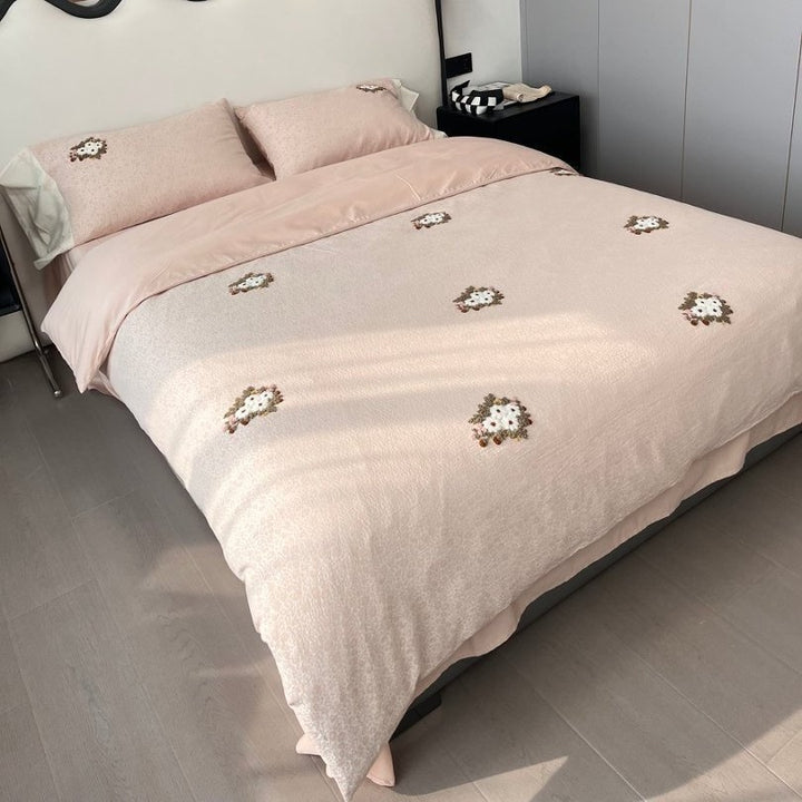 Embroidered Floral Cotton-Sateen Duvet Cover Set with Skirted Fitted Sheet and Matching Pillow Shams