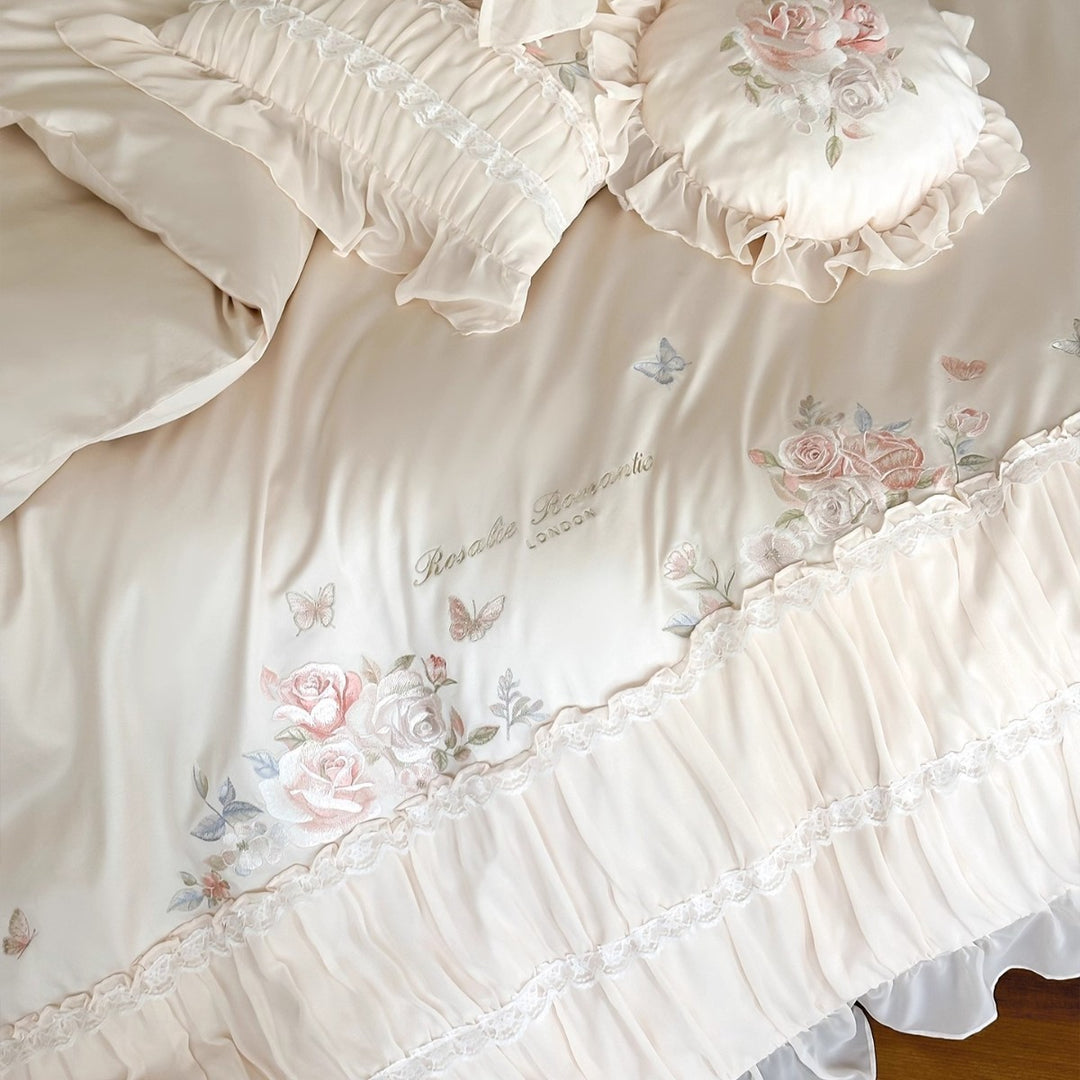 Ruffled Embroidered Rose-Print Cotton Sateen Duvet Cover & Sham Ensemble with Frilled Bedskirt-Style Hem