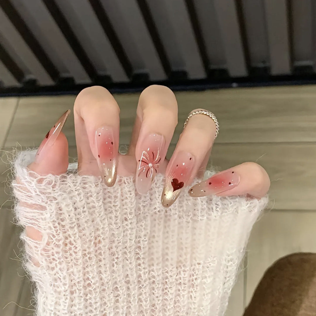 Artistic Press-On Nail Set with Heart and Design Accents Stornfield