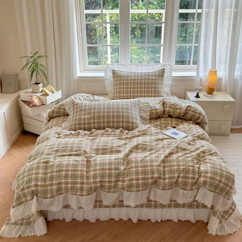 Ruffled Eyelet Lace Striped Cotton Duvet Cover Set with Frilled Pillow Shams