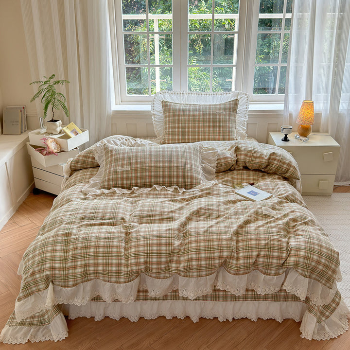 Ruffled Eyelet Lace Striped Cotton Duvet Cover Set with Frilled Pillow Shams
