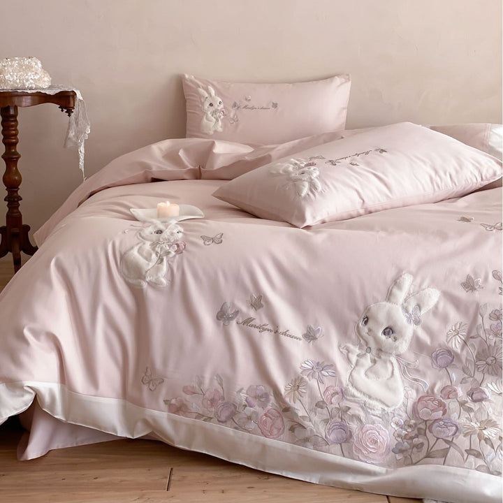 Romantic cotton satin bed linen with 3D plush rabbit appliqué and floral embroidery