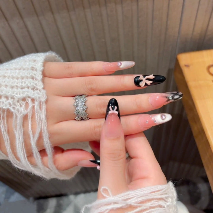 Artistic Press-On Nail Set with Creative Bow and Gemstone Accents Stornfield