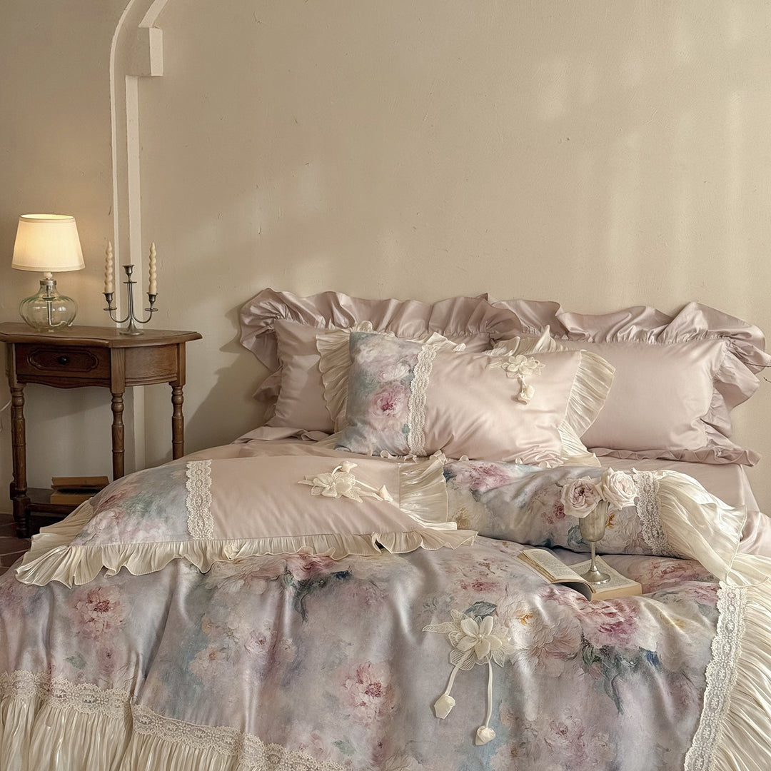 Romantic Vintage-Style Silk-Feel Floral Duvet Cover Set with Pleated Bedskirt & Lace Appliqué