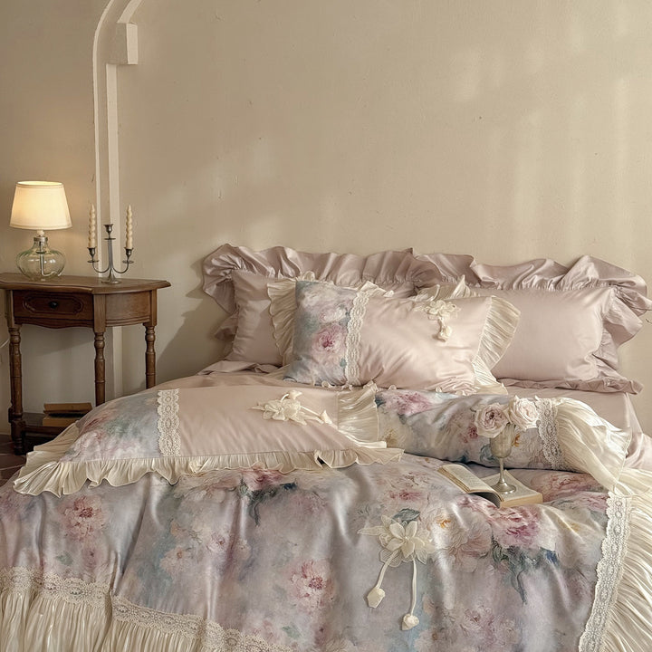 Romantic Vintage-Style Silk-Feel Floral Duvet Cover Set with Pleated Bedskirt & Lace Appliqué