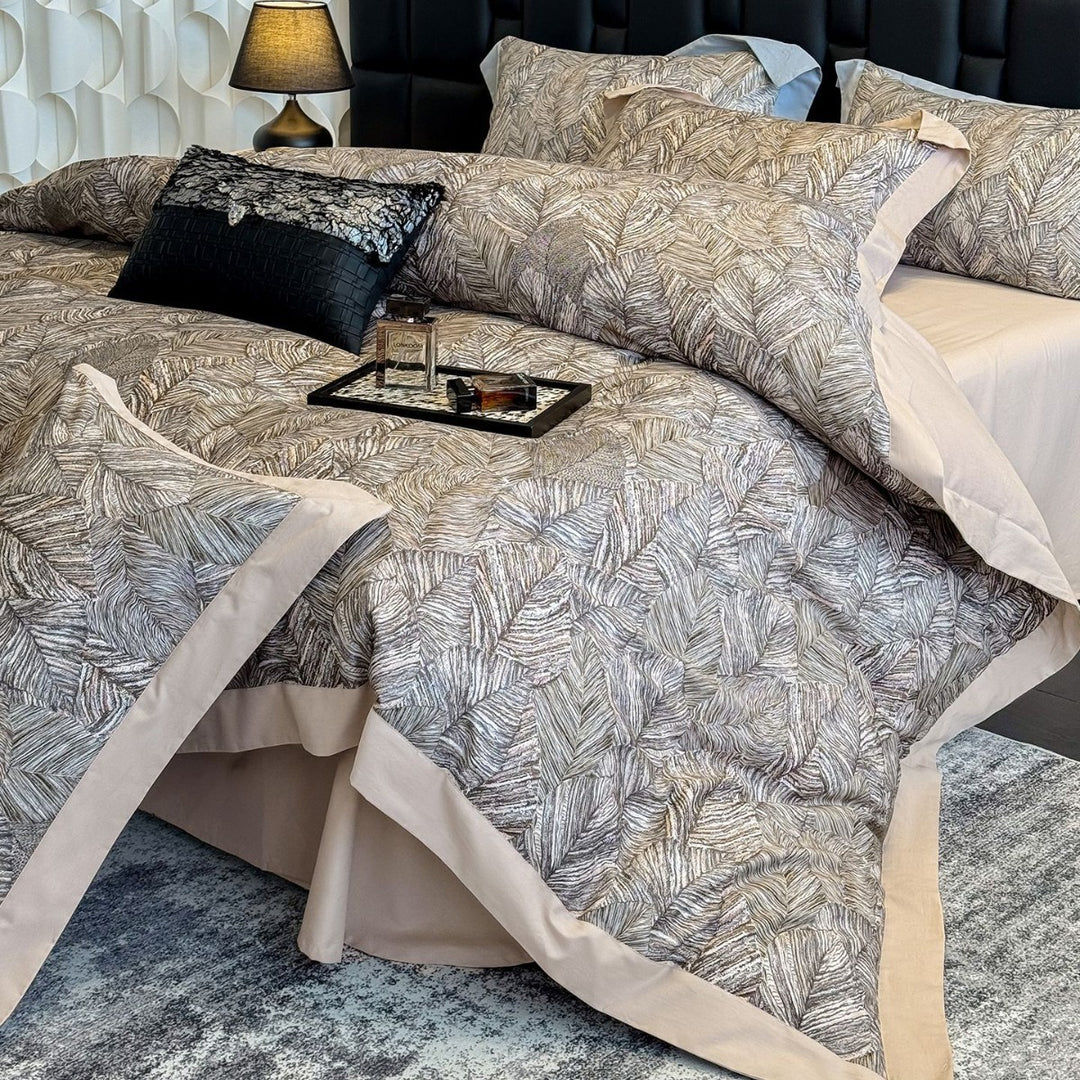 Luxury Cotton-Sateen Botanical Duvet Cover Set with Contrast Piped Hem & Euro Shams