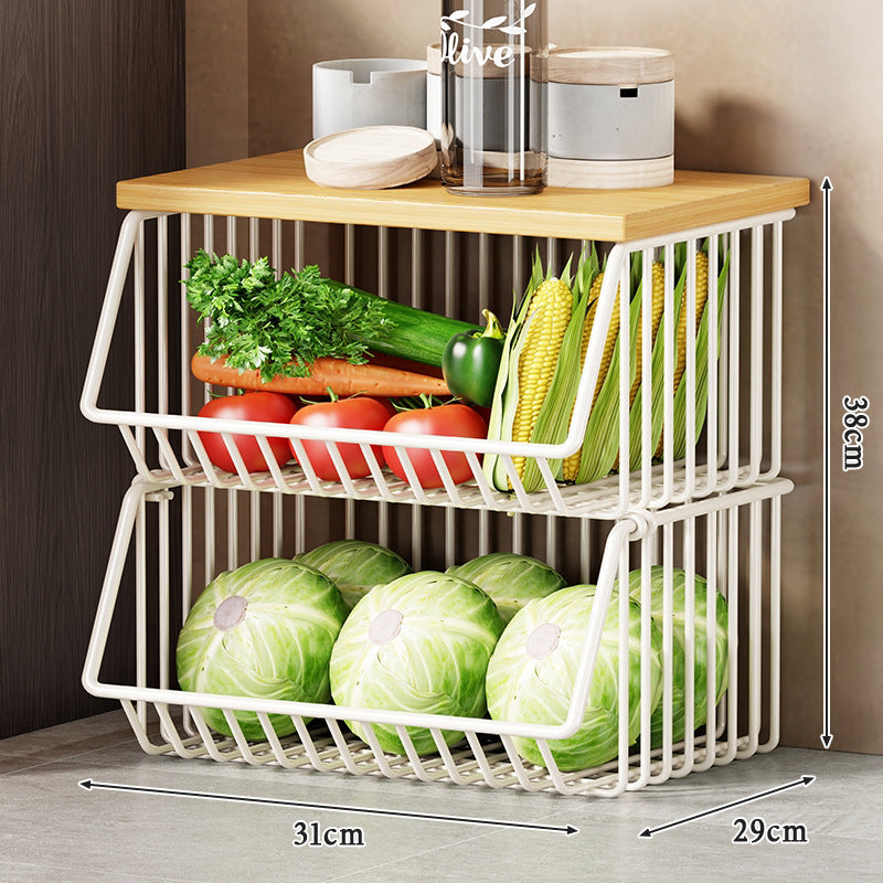 Slim Vertical Multi-Tier Fruit and Vegetable Storage Cart with Wood Top and Locking Casters