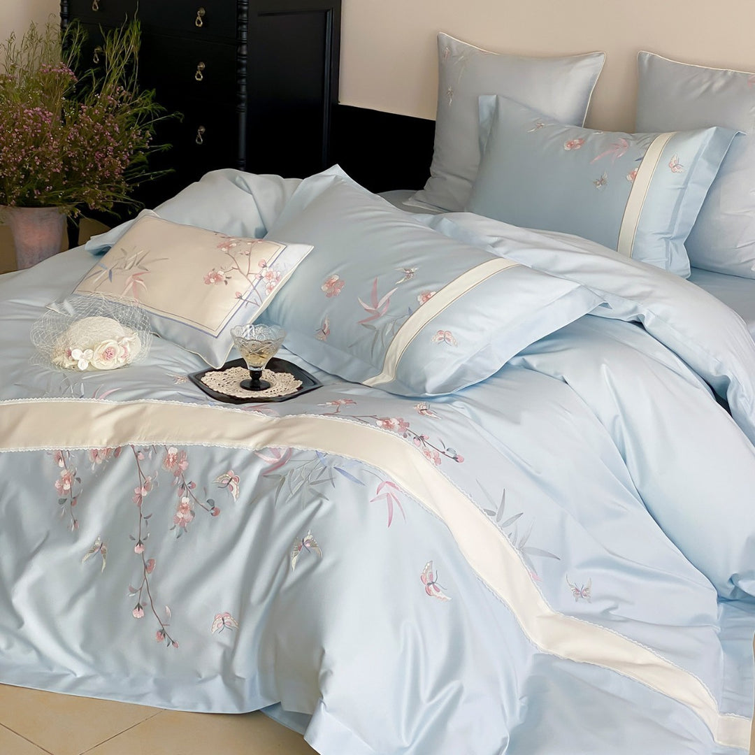 Silk-Feel Reversible Embroidered Botanical Duvet Cover Set with Satin-Trim Shams