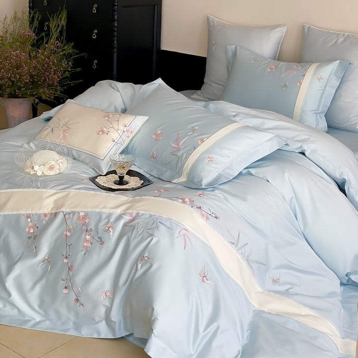 Silk-Feel Reversible Embroidered Botanical Duvet Cover Set with Satin-Trim Shams
