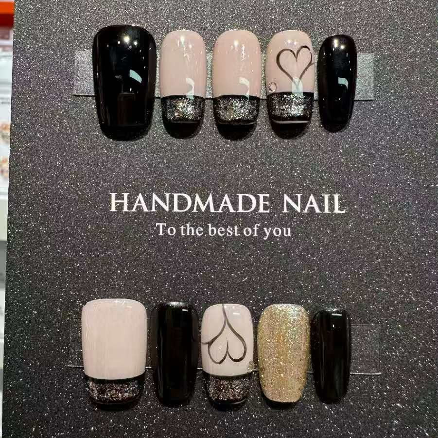 Handmade Nail Art Set with Elegant Heart and Glitter Accents