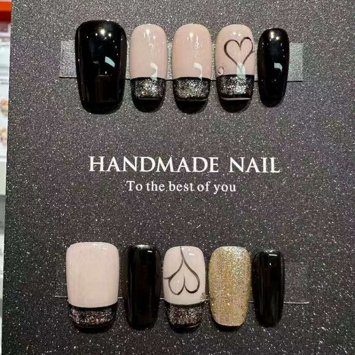 Handmade Nail Art Set with Elegant Heart and Glitter Accents