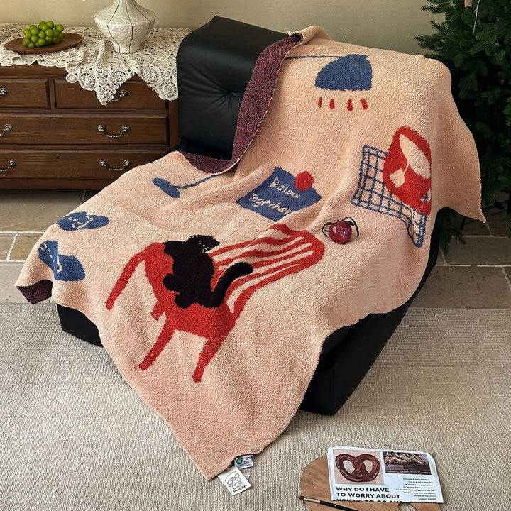 Plush Jacquard Throw Blanket with Playful Cat and Chair Motif