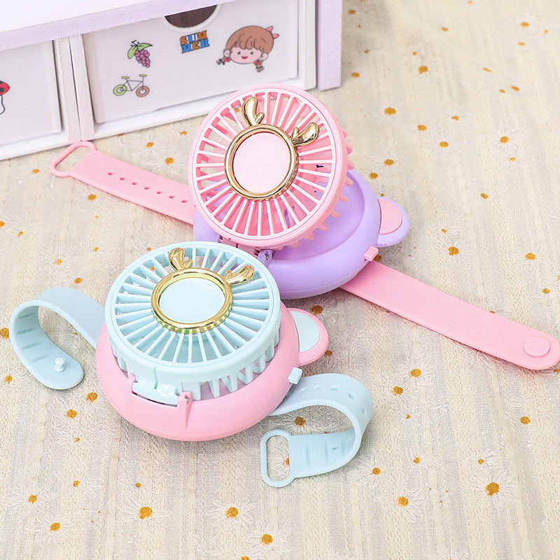 Ladies portable hand fan with integrated mirror and cute animal design Stornfield