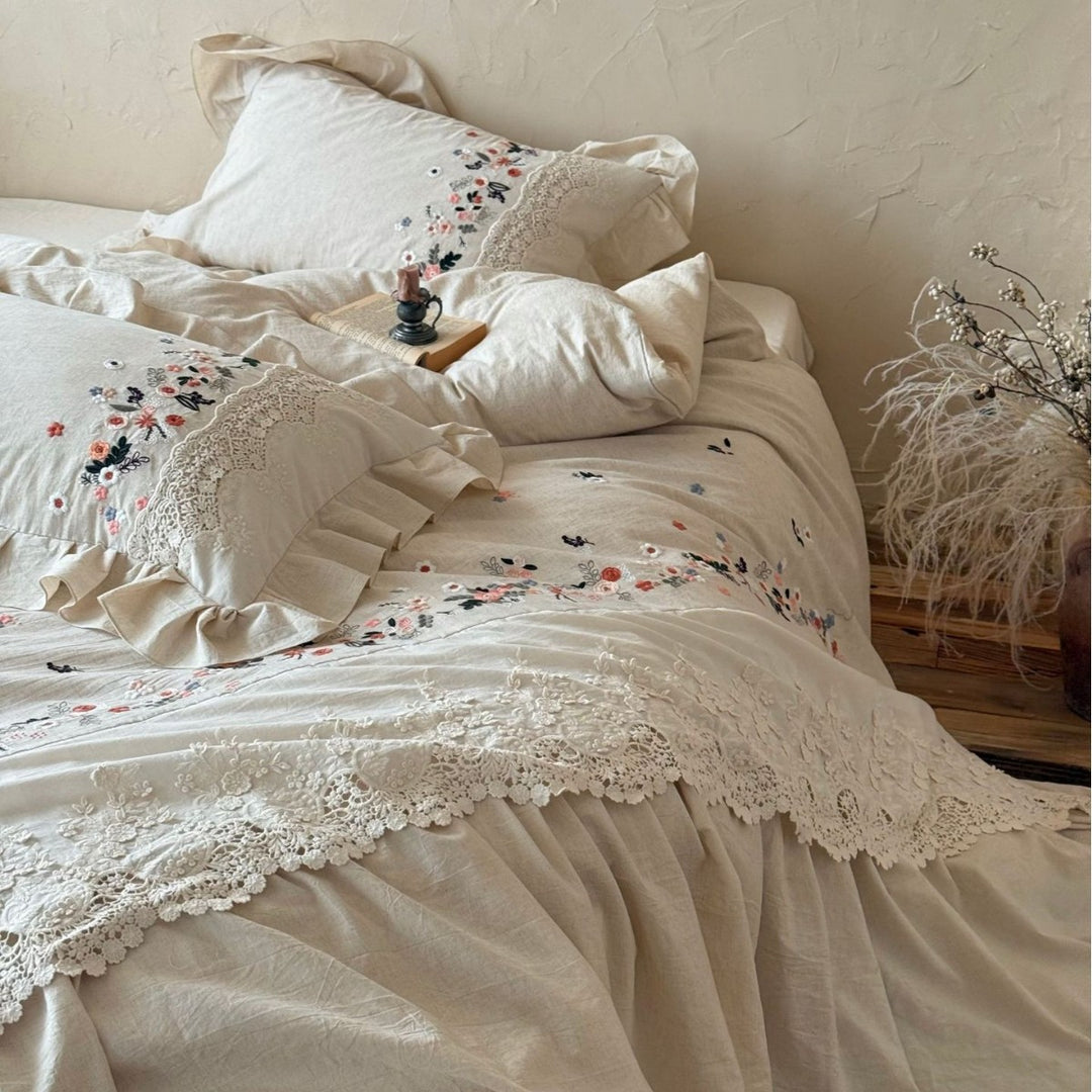Embroidered Linen Ruffled Duvet Cover Set with Lace-Trim Pillow Shams