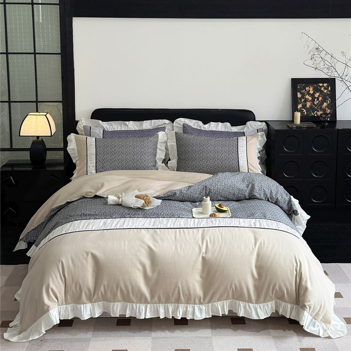 Ruffled-Edge Brushed Microfiber Duvet Cover Set with Center Floral Panel and Pillow Shams