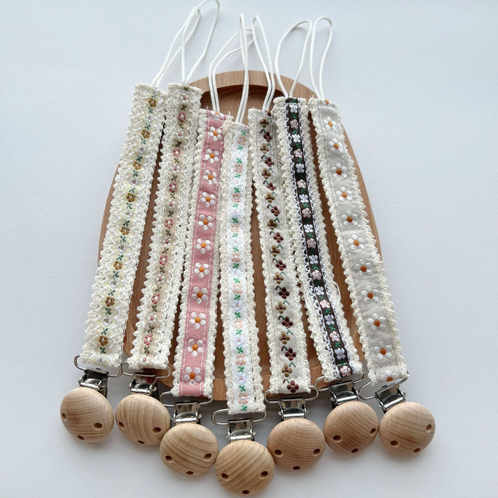 Floral Embroidered Lace Pacifier and Teether Wooden Clip