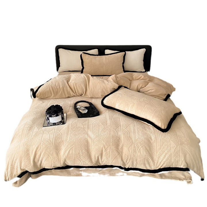 Quilted luxury bed set made of cotton blend with relief pattern and velvet trim