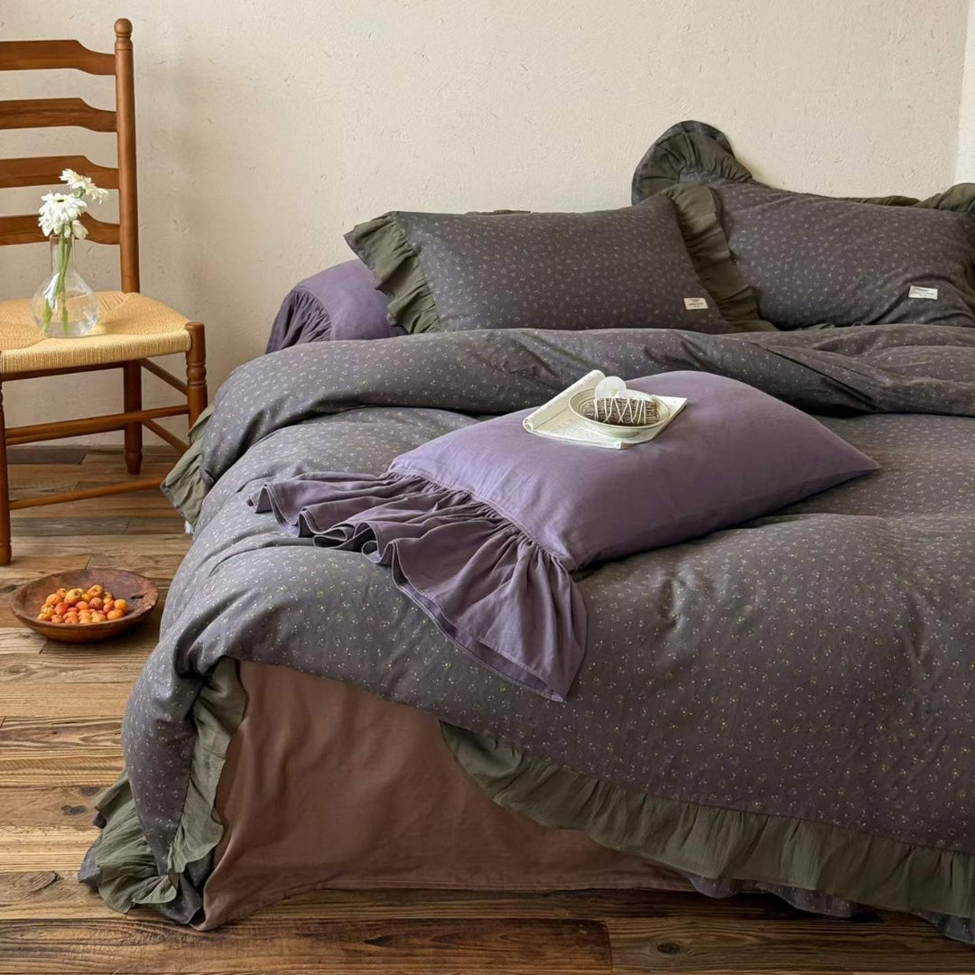 Ruffled-Trim Cotton Sateen Duvet Cover Set with Floral Microprint and Decorative Pillow Shams