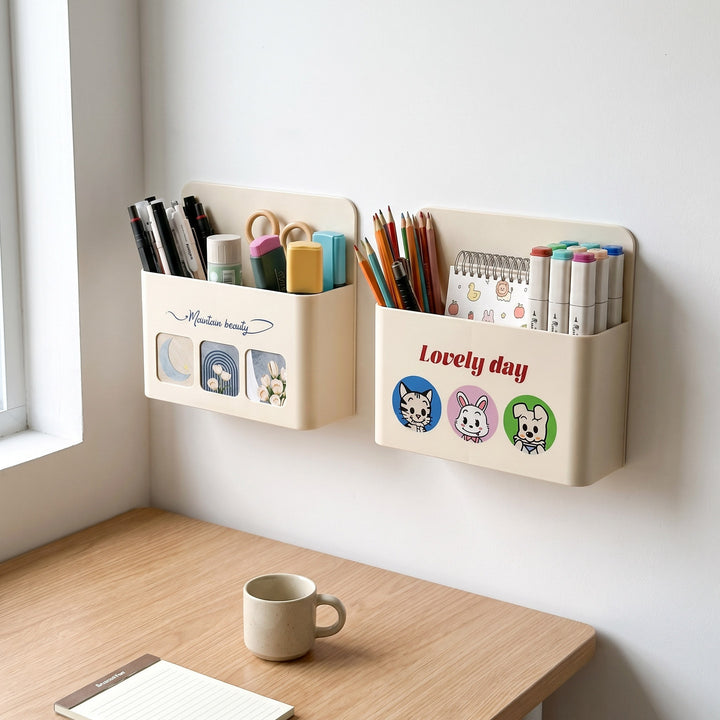 Wall-Mounted Adhesive Cartoon Stationery Pocket Organizer