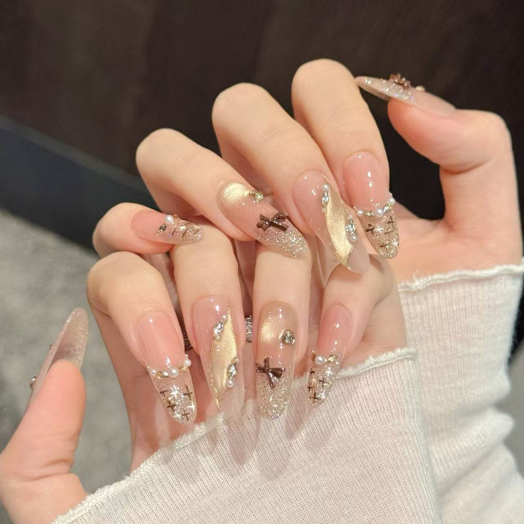 Decorative Press-On Nail Art Set with Glitter and Floral Accents  1791774296