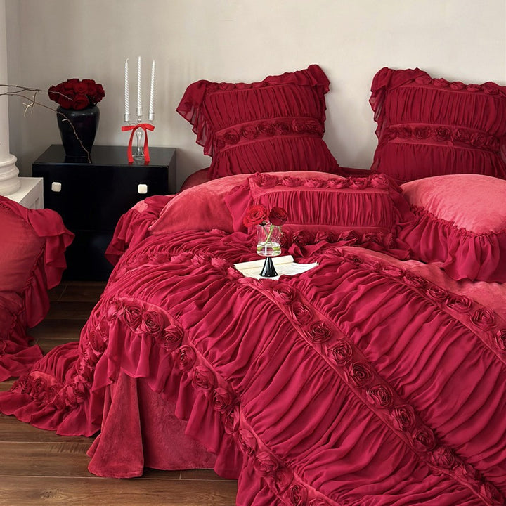 Luxurious Ruffles and Rose Appliqués Velvet Bedding Set